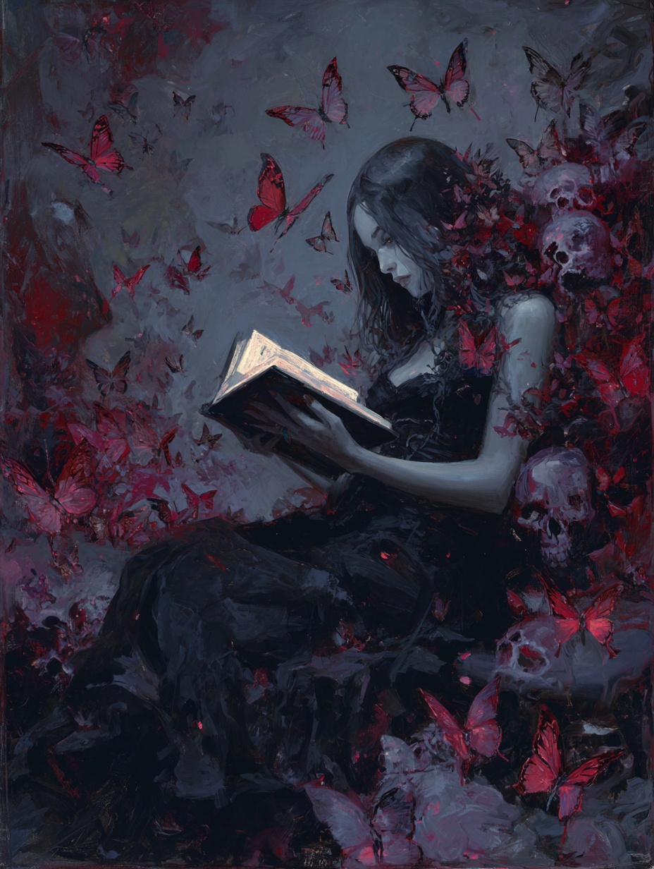 A gothic painting of a woman reading surrounded by red butterflies and skulls